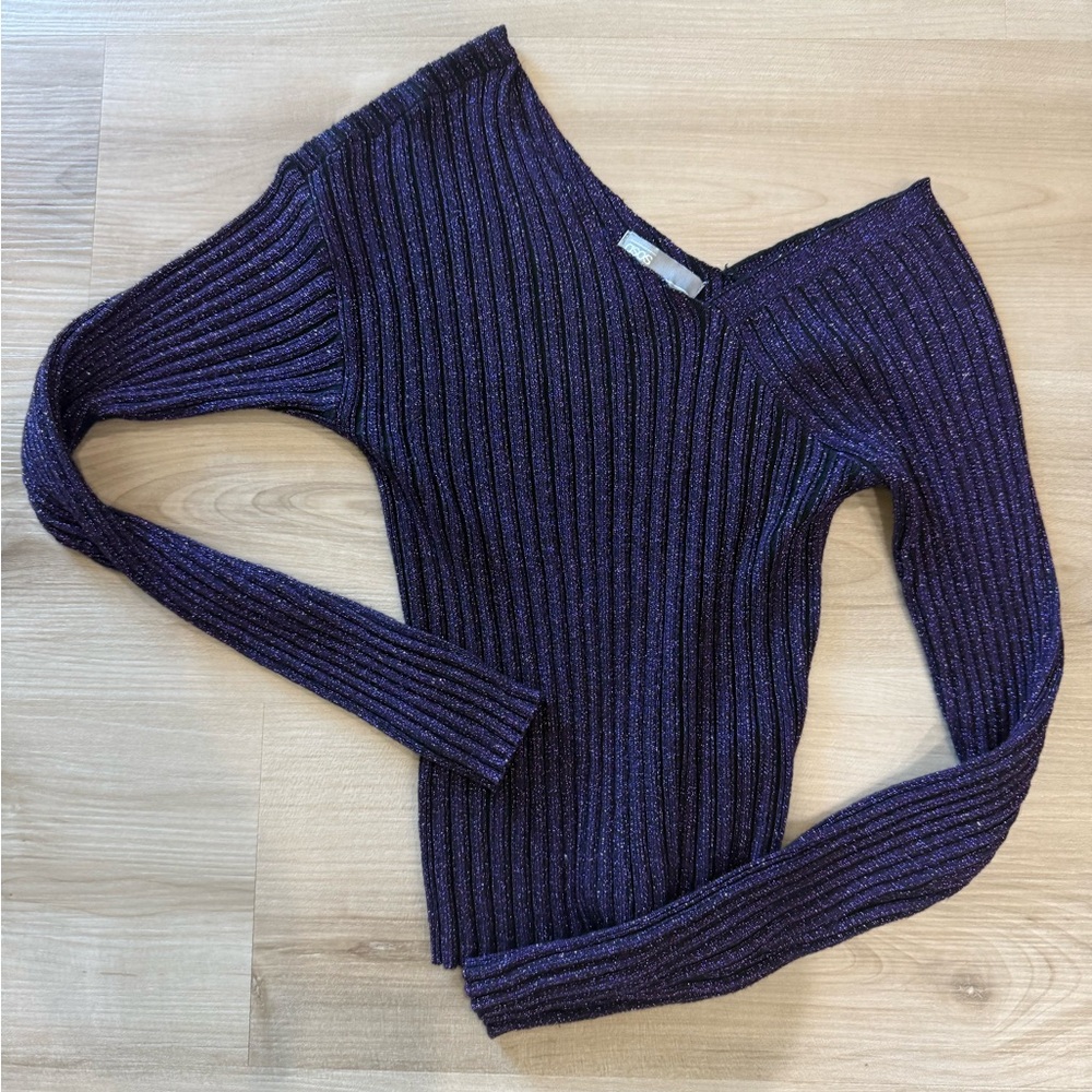 ASOS Off-the-Shoulder Ribbed Sweater in Deep Purple